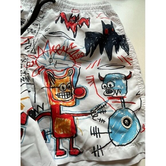 Basquiat Short Kid M White Jimmy Lion Swim Trunk Graffiti Pull On Dragon Monster - Picture 4 of 12